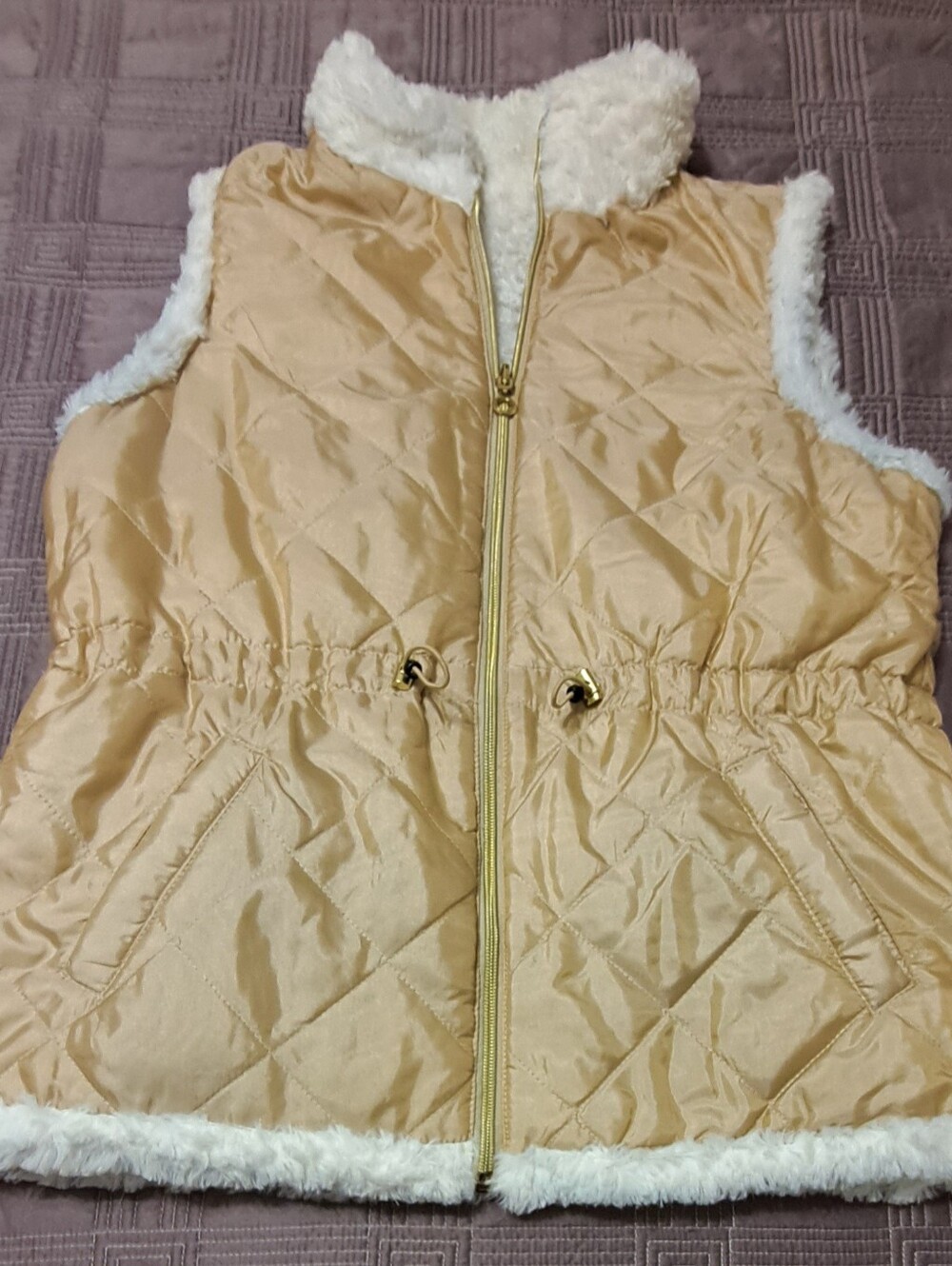 Casual Identity Quilted Faux-Shearling Vest - Cream Reversible Sz L